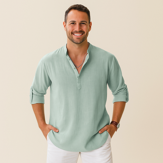 Textured Henley Shirt Men – Collarless Neckline & Roll-Tab Sleeves