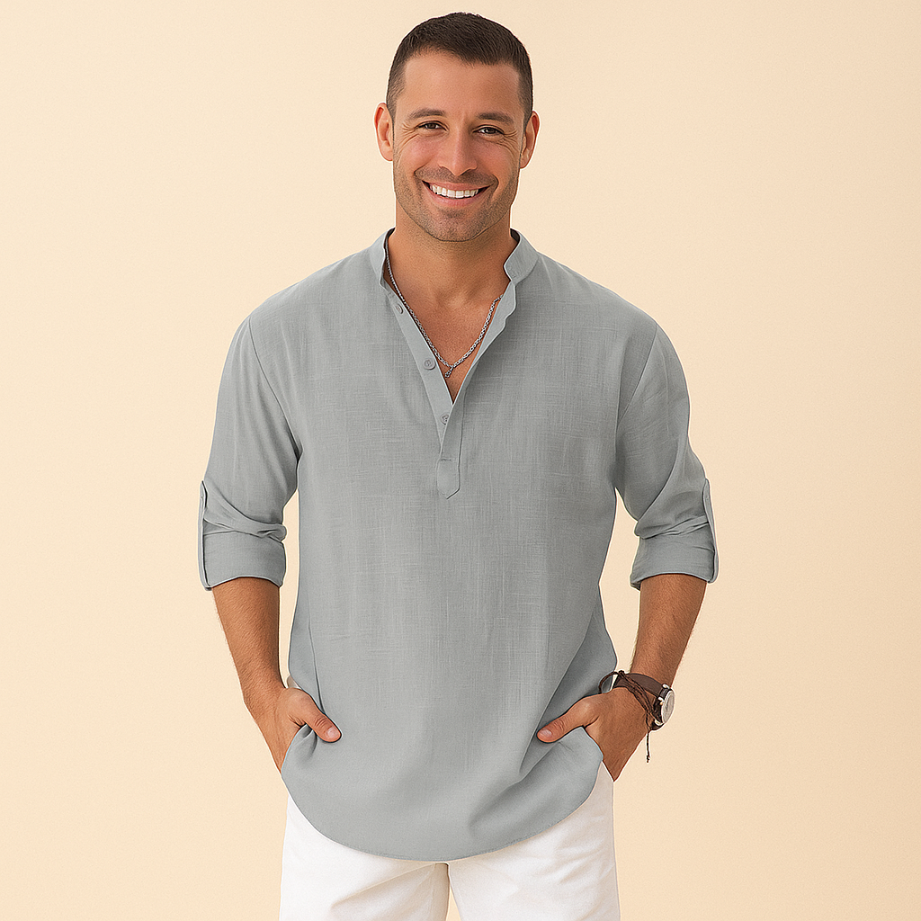 Textured Henley Shirt Men – Collarless Neckline & Roll-Tab Sleeves