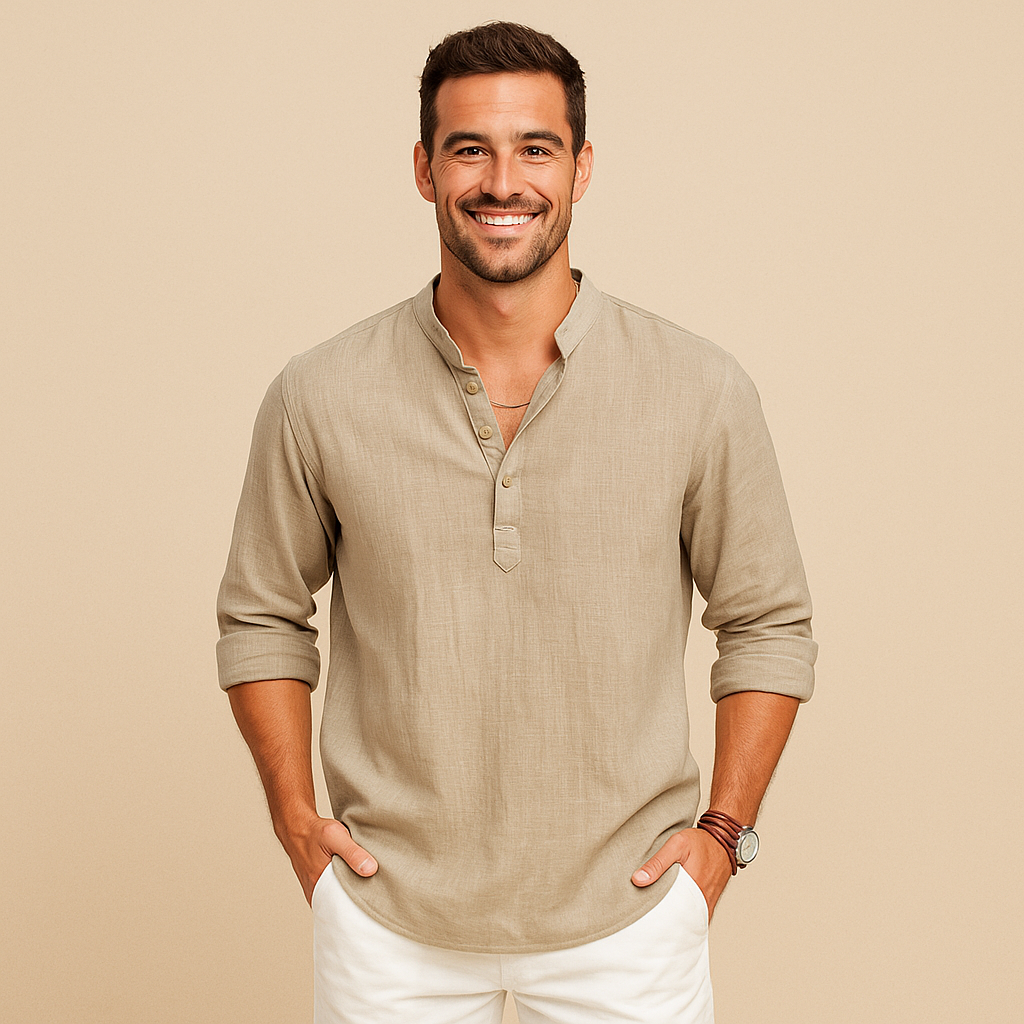 Textured Henley Shirt Men – Collarless Neckline & Roll-Tab Sleeves
