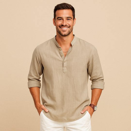 Textured Henley Shirt Men – Collarless Neckline & Roll-Tab Sleeves