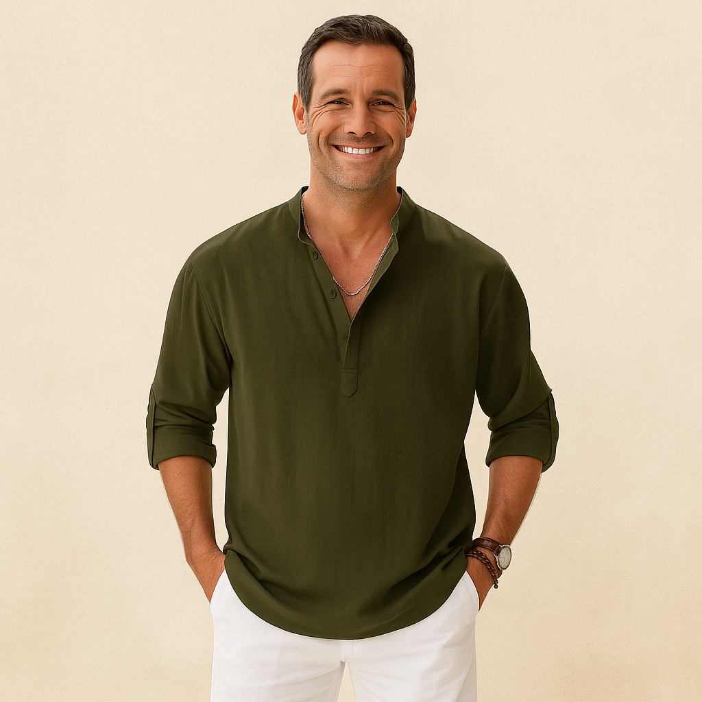 Textured Henley Shirt Men – Collarless Neckline & Roll-Tab Sleeves