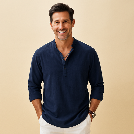 Textured Henley Shirt Men – Collarless Neckline & Roll-Tab Sleeves