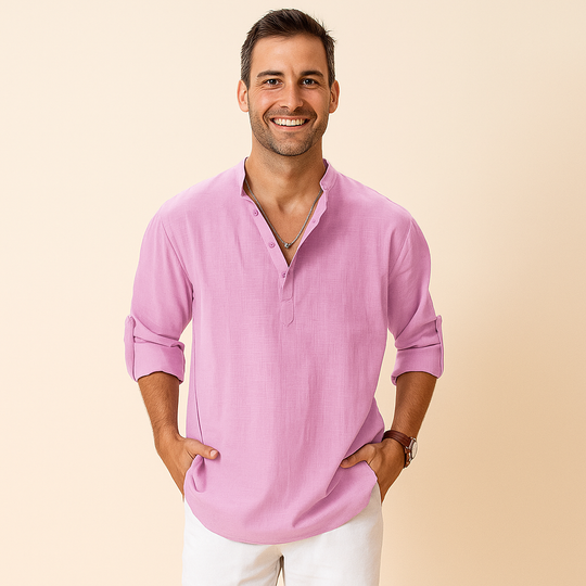 Textured Henley Shirt Men – Collarless Neckline & Roll-Tab Sleeves