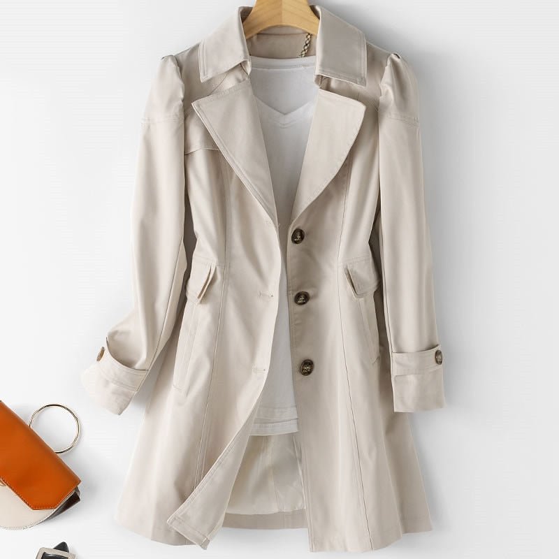 Mid-Length Button-Up Coat Women – Structured Surface & Notched Lapel
