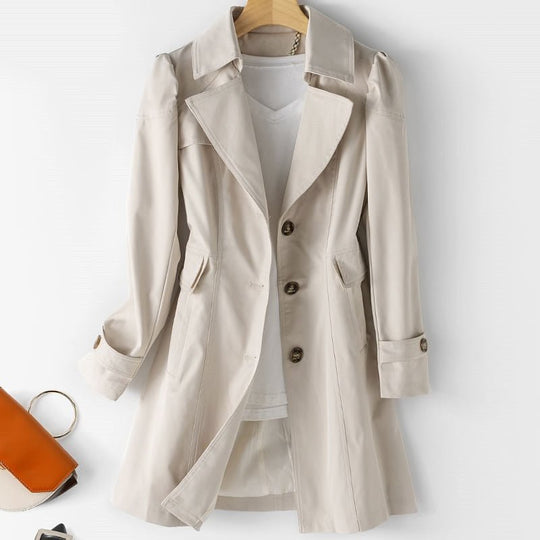 Mid-Length Button-Up Coat Women – Structured Surface & Notched Lapel