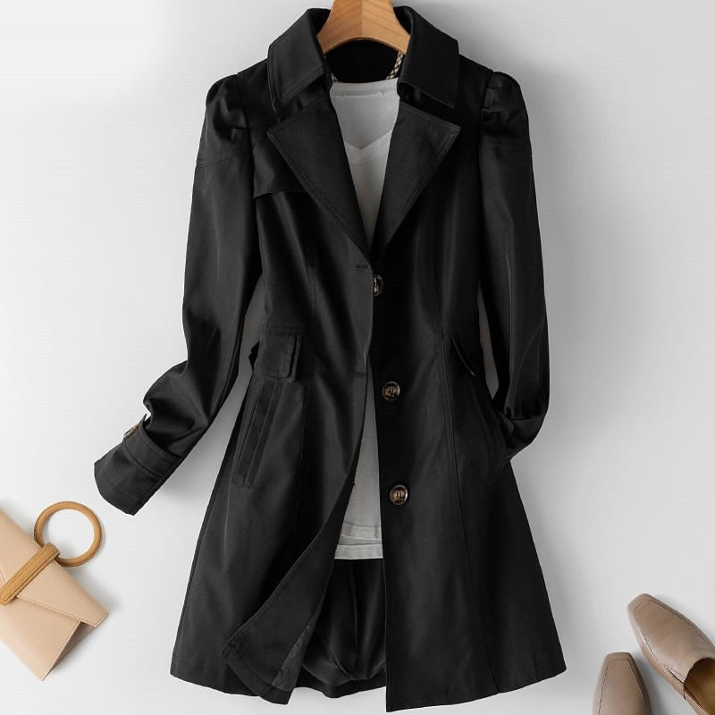 Mid-Length Button-Up Coat Women – Structured Surface & Notched Lapel