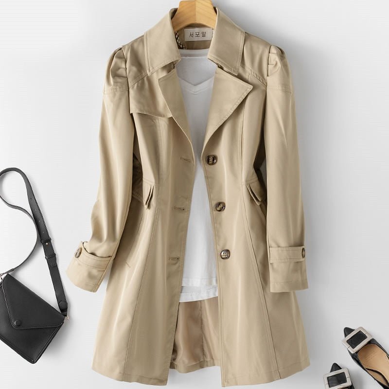 Mid-Length Button-Up Coat Women – Structured Surface & Notched Lapel