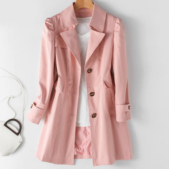 Mid-Length Button-Up Coat Women – Structured Surface & Notched Lapel