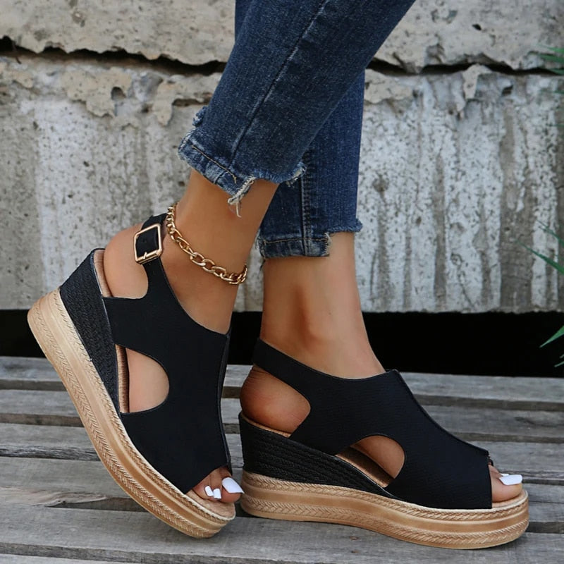 Open-Toe Wedge Sandals Women – Ankle Strap & Textured Surface