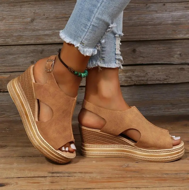Open-Toe Wedge Sandals Women – Ankle Strap & Textured Surface