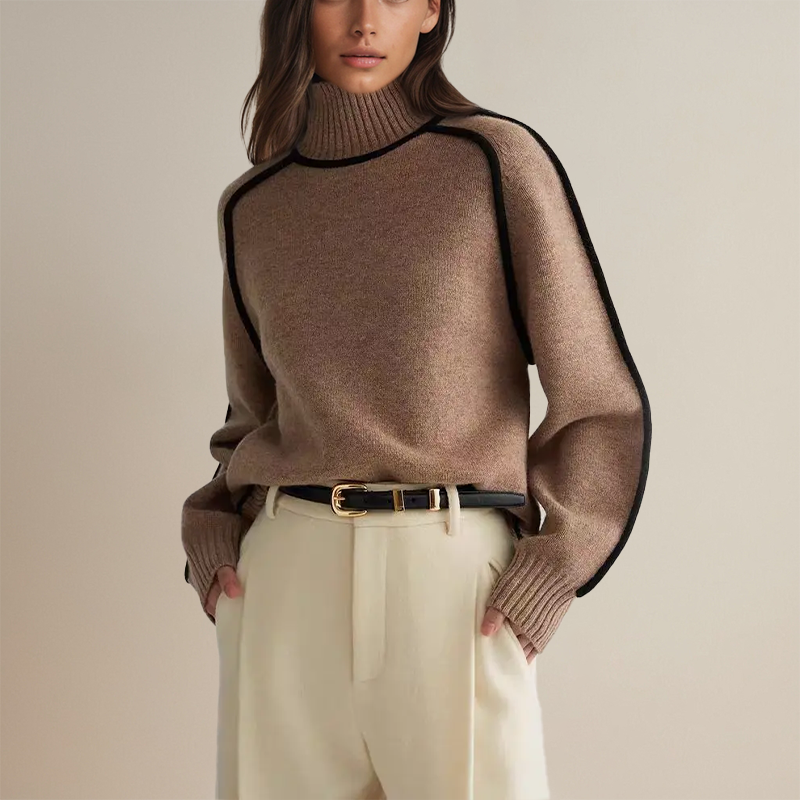 Oversized Turtleneck Sweater with Contrast Trim for Women
