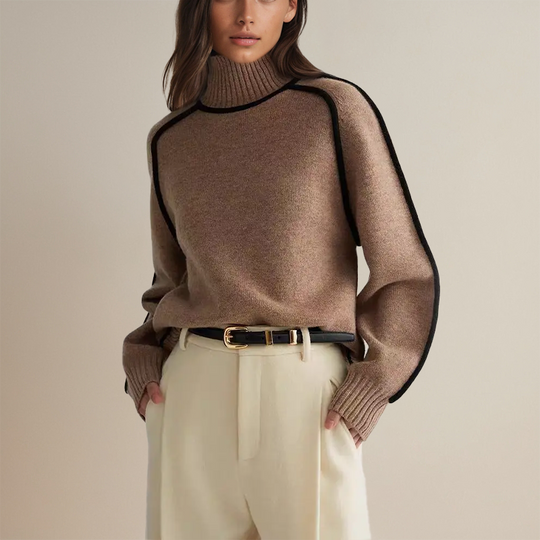 Oversized Turtleneck Sweater with Contrast Trim for Women