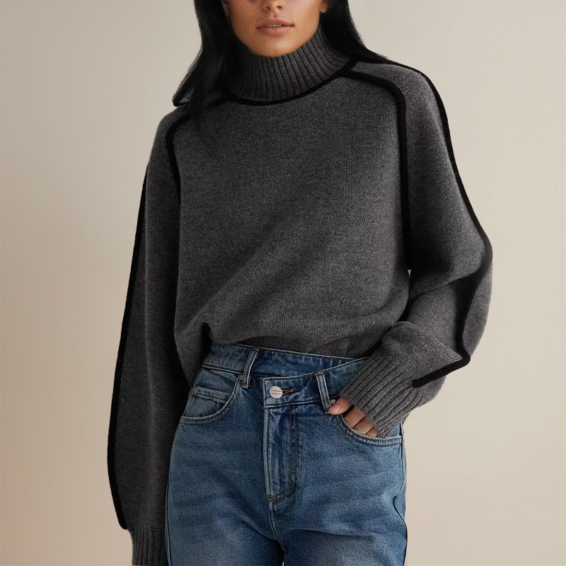 Oversized Turtleneck Sweater with Contrast Trim for Women