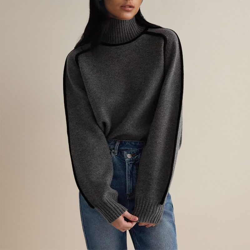 Oversized Turtleneck Sweater with Contrast Trim for Women