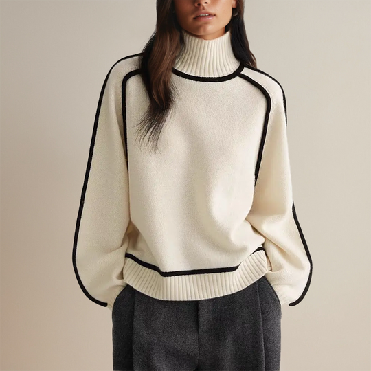 Oversized Turtleneck Sweater with Contrast Trim for Women