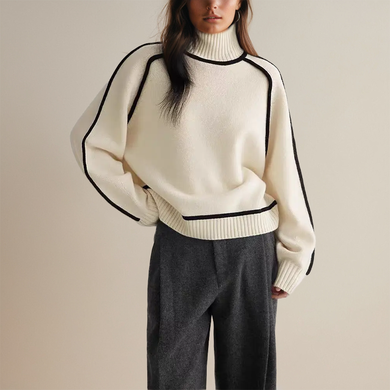 Oversized Turtleneck Sweater with Contrast Trim for Women