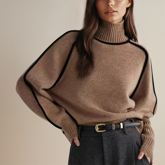 Oversized Turtleneck Sweater with Contrast Trim for Women
