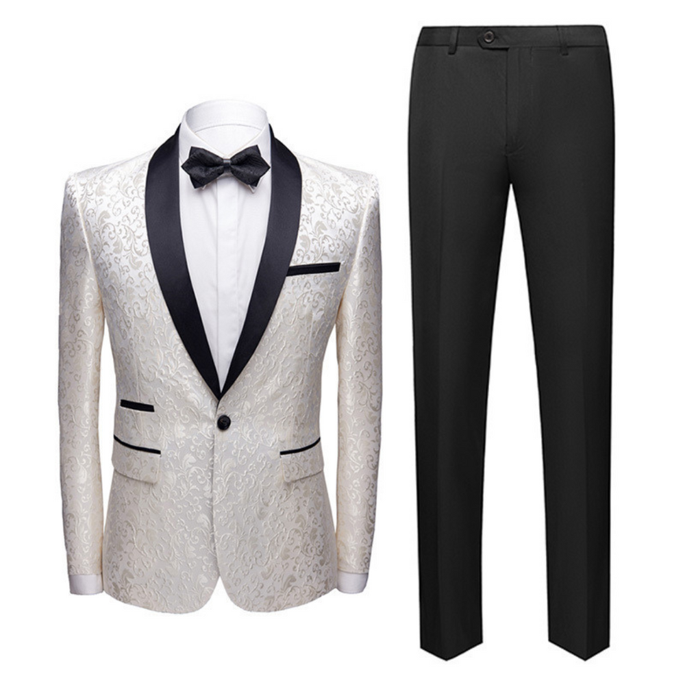 Patterned Blazer Tuxedo Suit with Shiny Lapel for Men