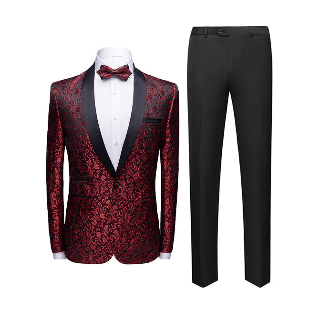 Patterned Blazer Tuxedo Suit with Shiny Lapel for Men