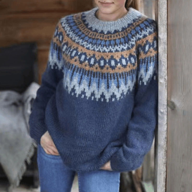 Patterned Knit Crew Neck Sweater for Women