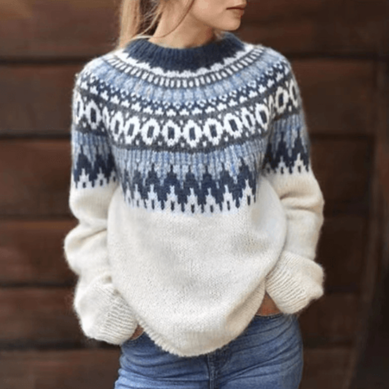 Patterned Knit Crew Neck Sweater for Women