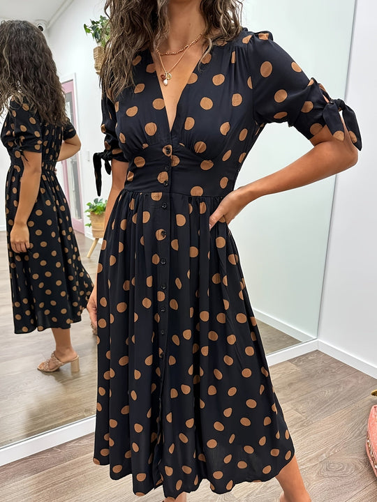 Polka Dot Midi Dress Women – Flared Silhouette & Button Front