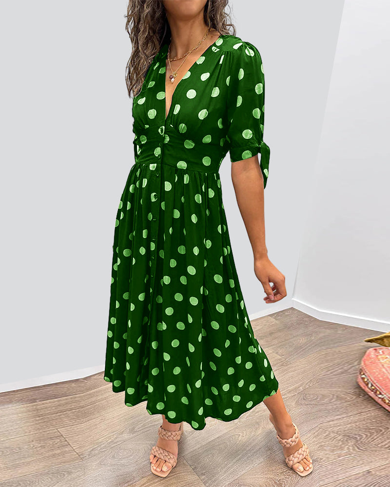 Polka Dot Midi Dress Women – Flared Silhouette & Button Front
