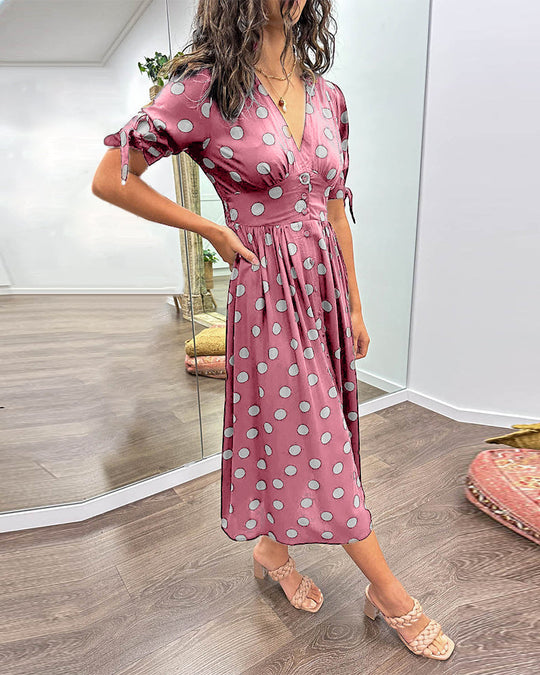 Polka Dot Midi Dress Women – Flared Silhouette & Button Front