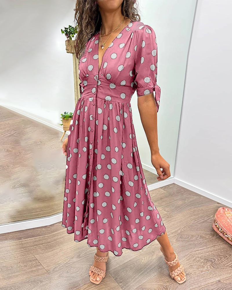Polka Dot Midi Dress Women – Flared Silhouette & Button Front