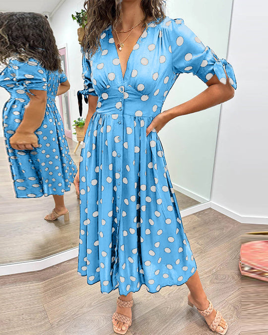 Polka Dot Midi Dress Women – Flared Silhouette & Button Front