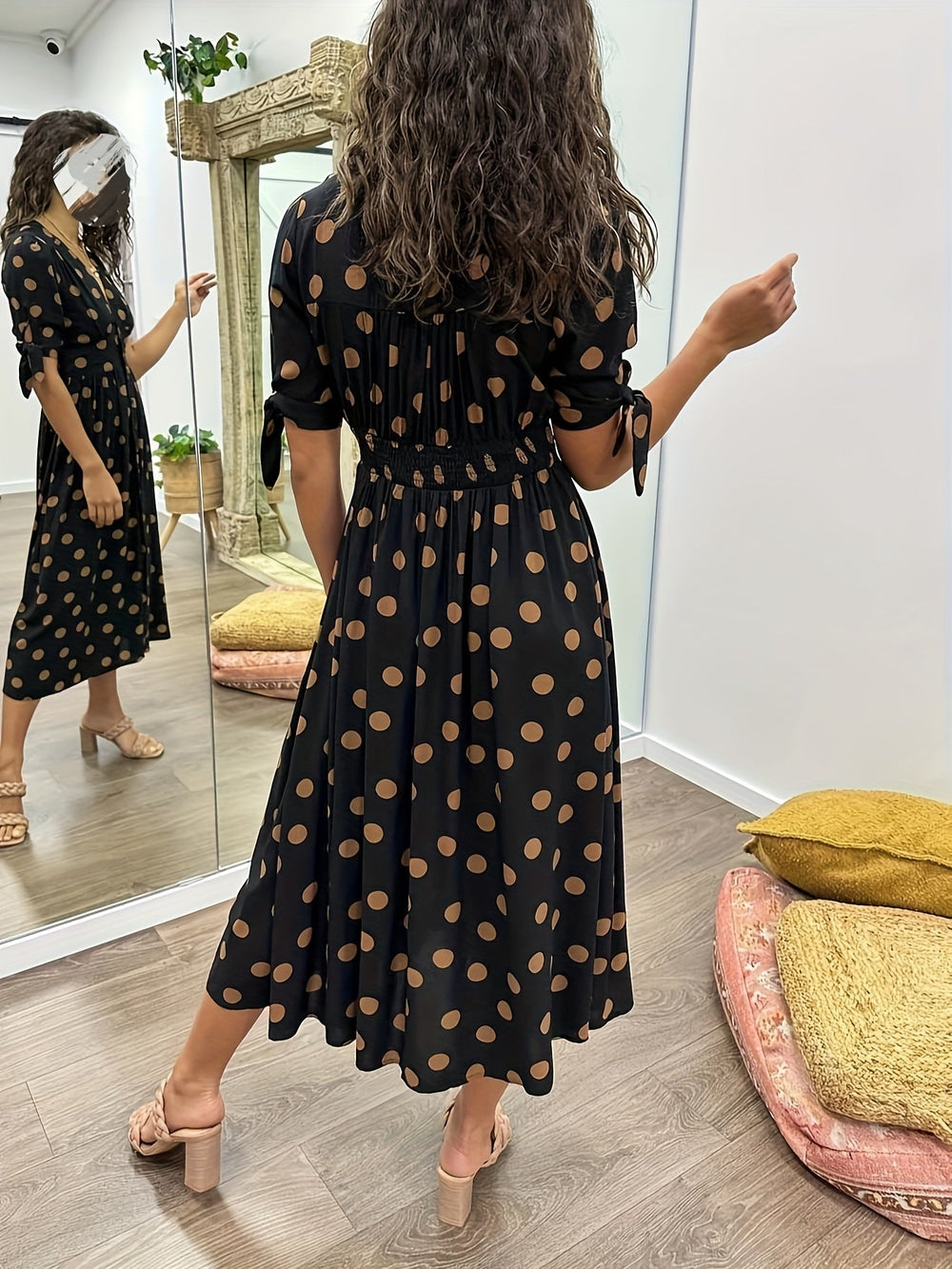 Polka Dot Midi Dress Women – Flared Silhouette & Button Front