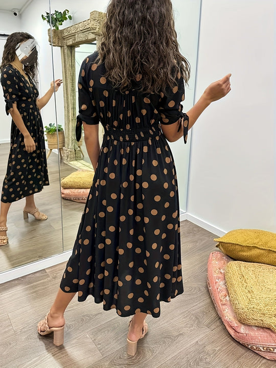 Polka Dot Midi Dress Women – Flared Silhouette & Button Front