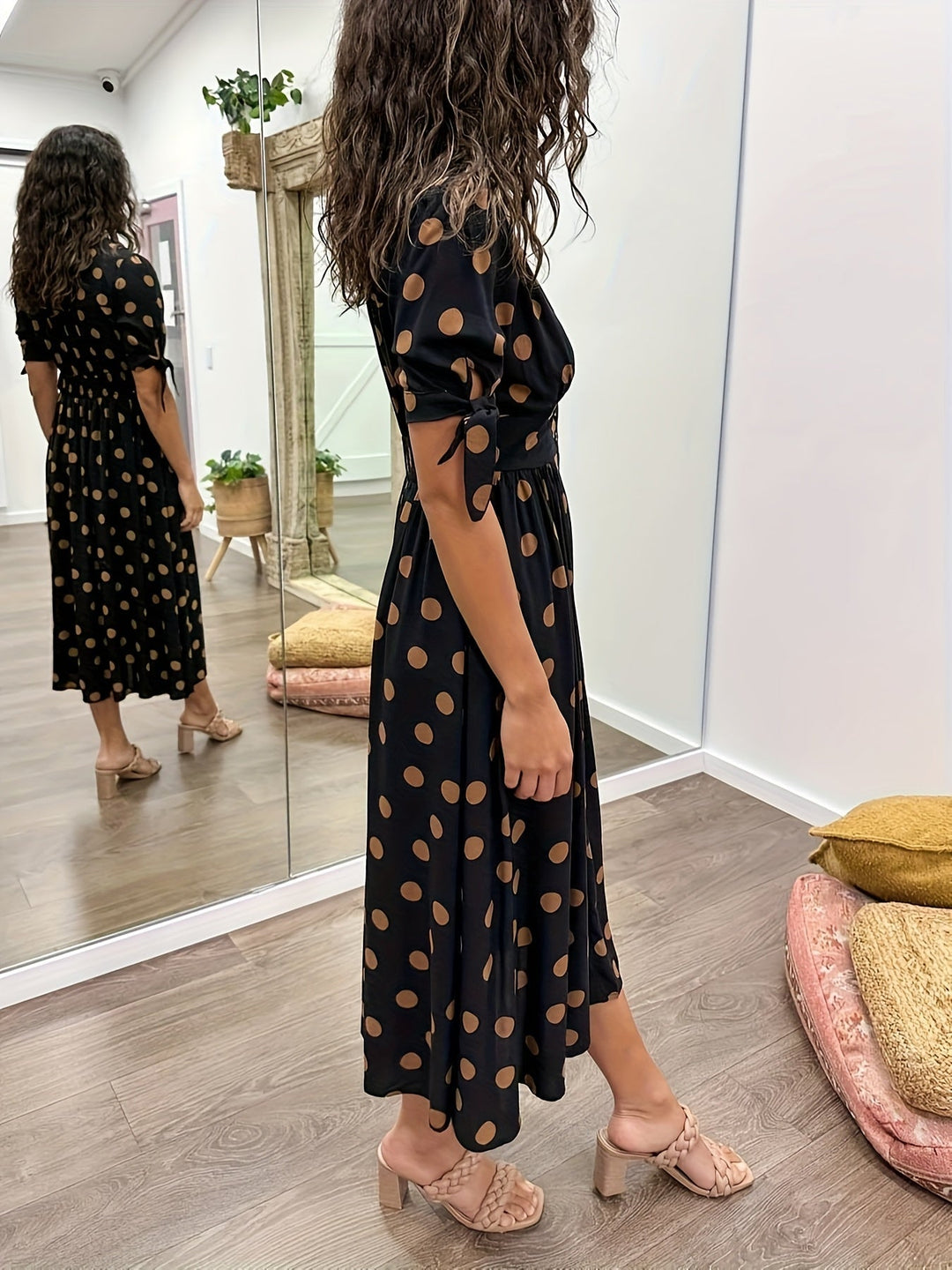 Polka Dot Midi Dress Women – Flared Silhouette & Button Front