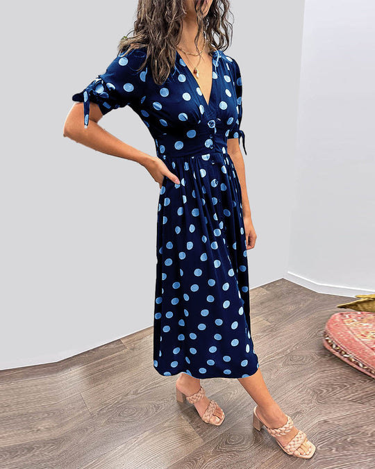Polka Dot Midi Dress Women – Flared Silhouette & Button Front