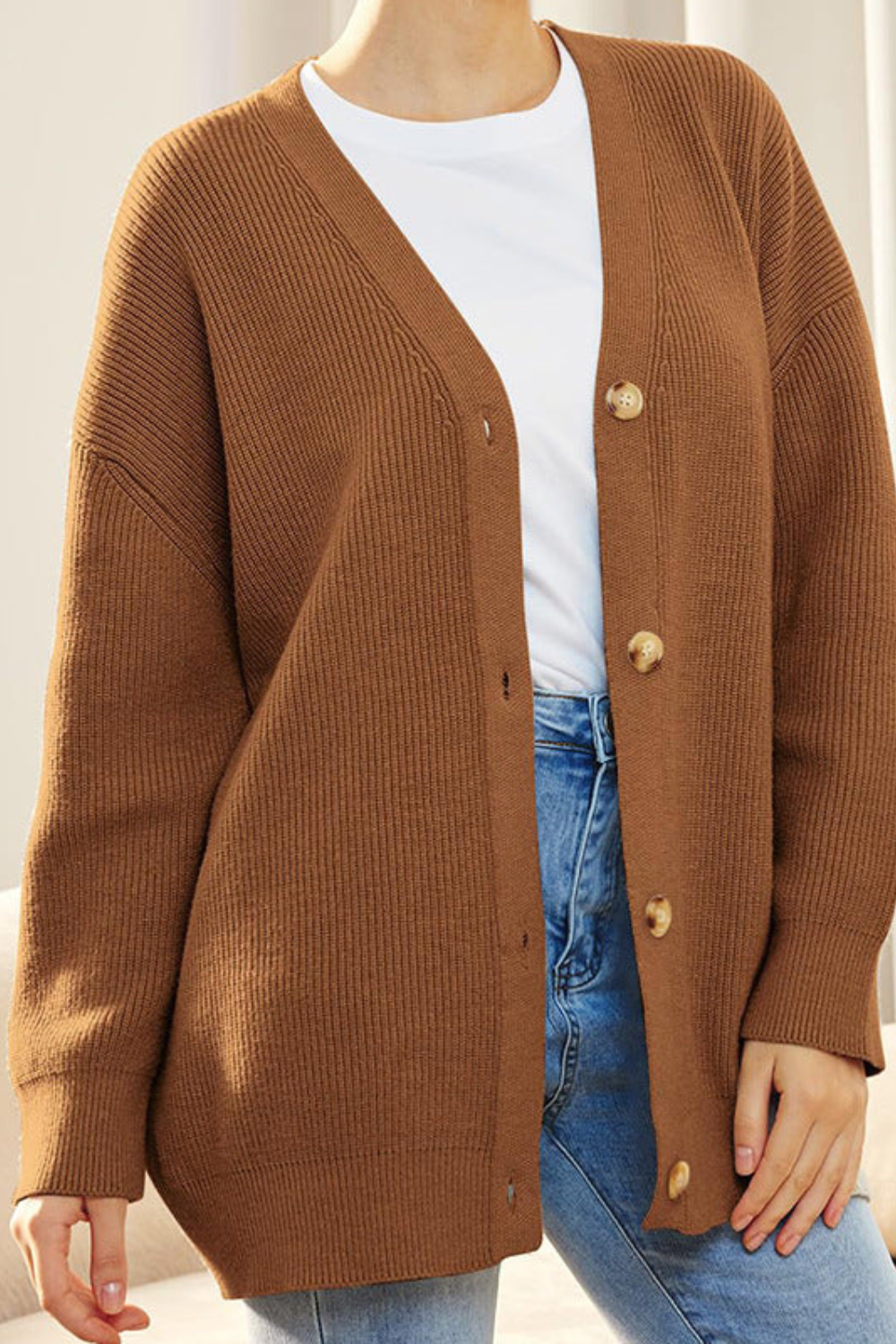 Ribbed Knit Button Cardigan for Women