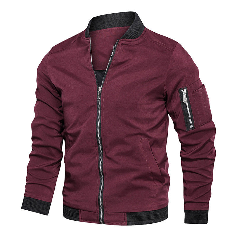 Ribbed Trim Bomber Jacket with Sleeve Pocket for Men