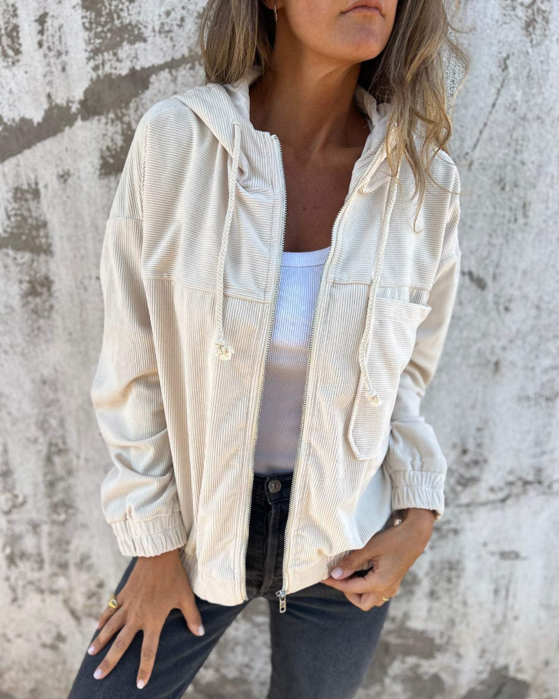 Ribbed Zip-Up Hoodie Jacket for Women