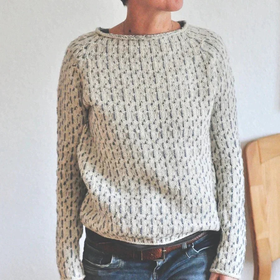 Round Neck Sweater Women - Knit Texture with Ribbed Trim