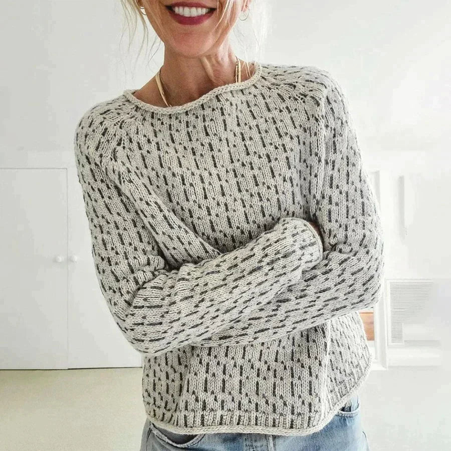 Round Neck Sweater Women - Knit Texture with Ribbed Trim