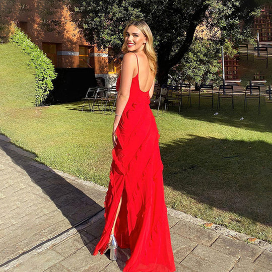 Ruffle Maxi Dress Women - Layered Look & Draped Hem