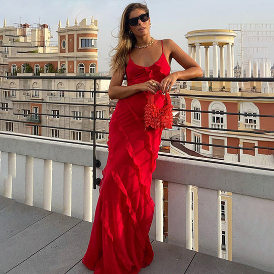 Ruffle Maxi Dress Women - Layered Look & Draped Hem