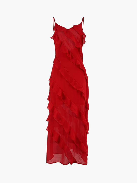 Ruffle Maxi Dress Women - Layered Look & Draped Hem