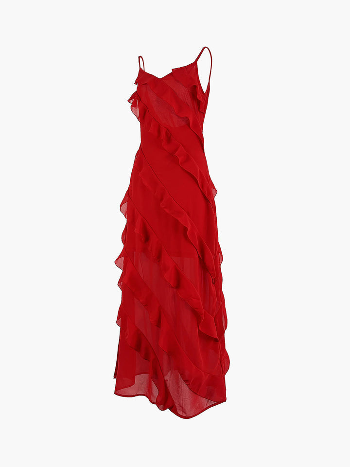 Ruffle Maxi Dress Women - Layered Look & Draped Hem
