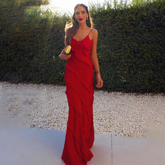 Ruffle Maxi Dress Women - Layered Look & Draped Hem