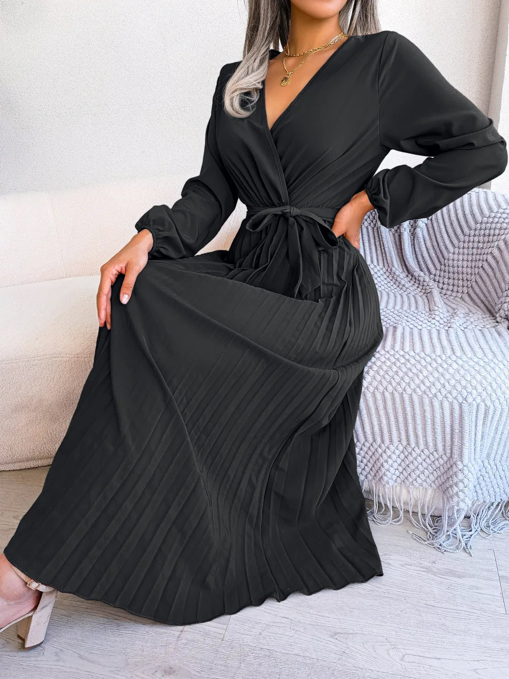 Wrap Midi Dress Women – Pleated Skirt & Waist Tie