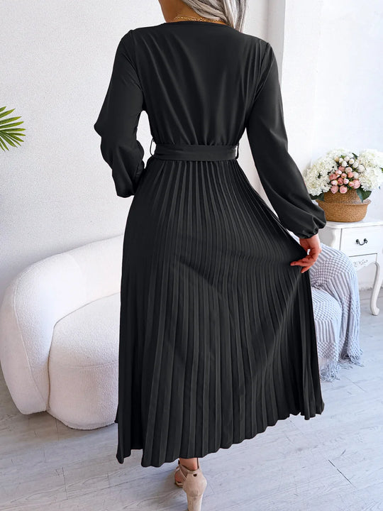 Wrap Midi Dress Women – Pleated Skirt & Waist Tie