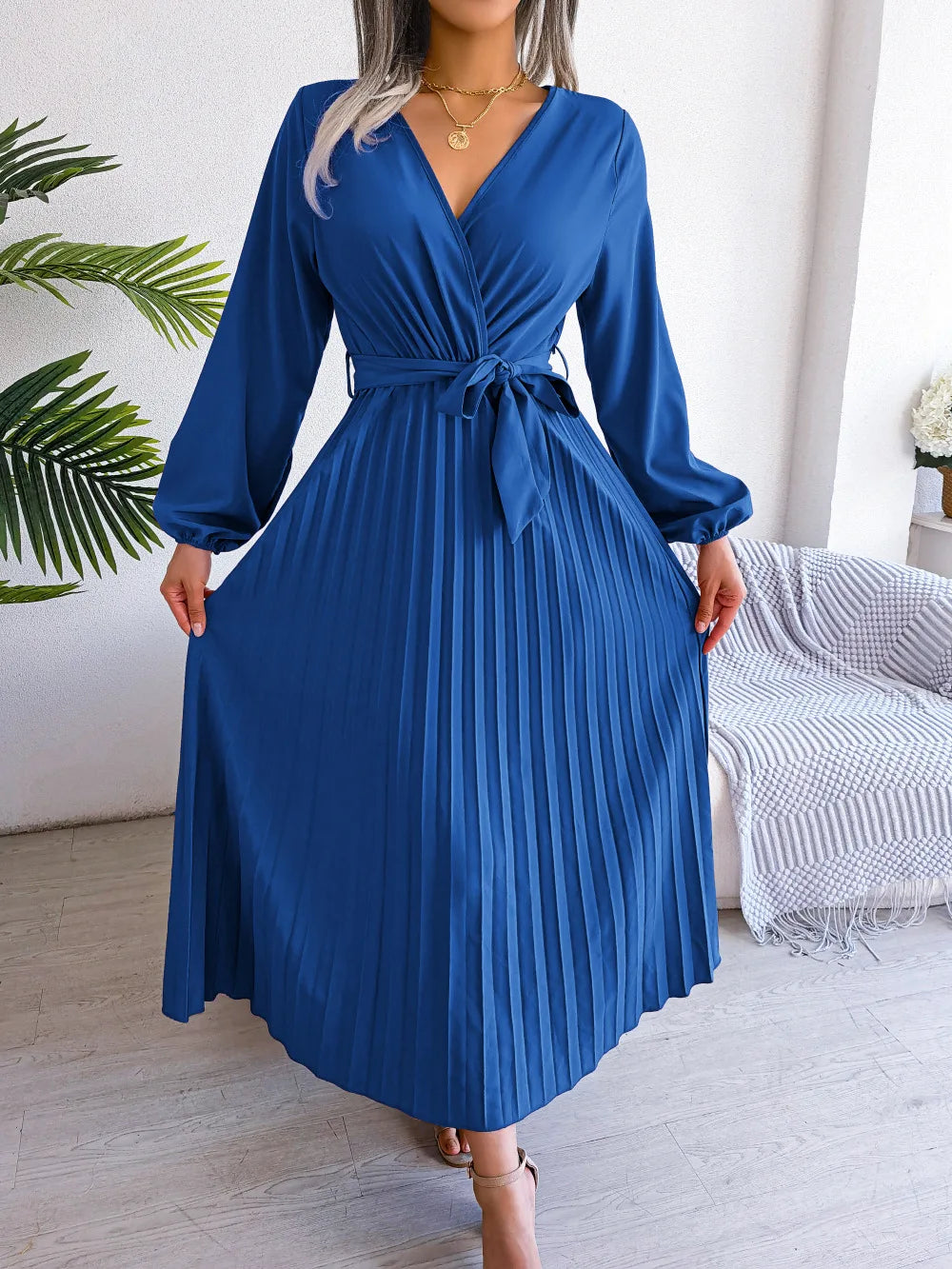 Wrap Midi Dress Women – Pleated Skirt & Waist Tie