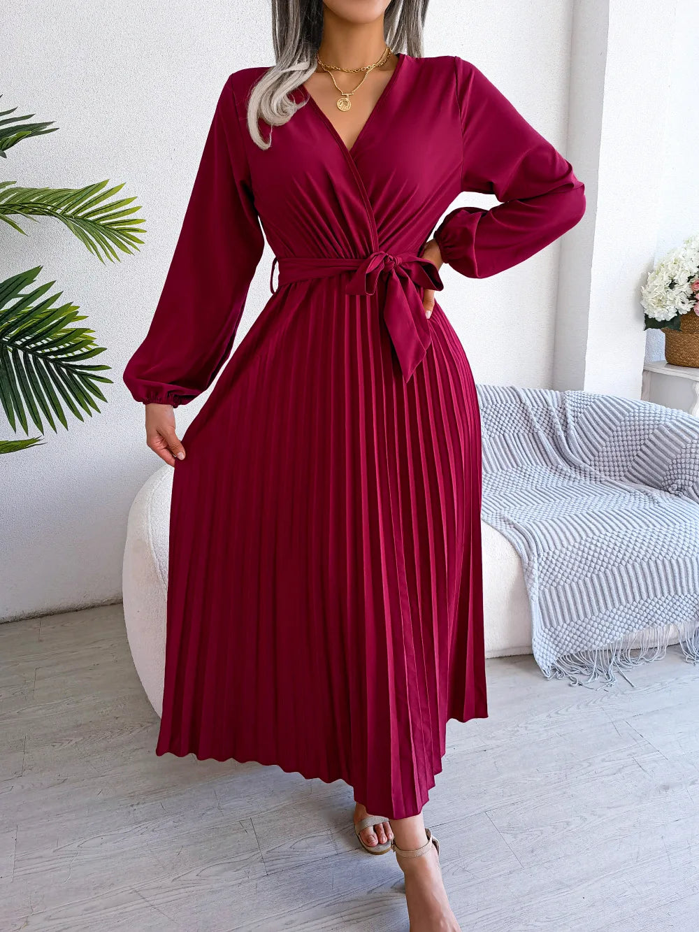 Wrap Midi Dress Women – Pleated Skirt & Waist Tie