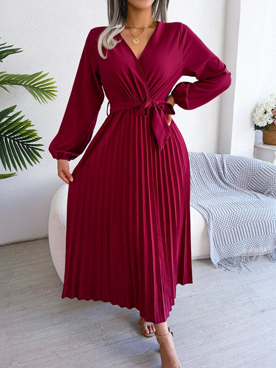 Wrap Midi Dress Women – Pleated Skirt & Waist Tie