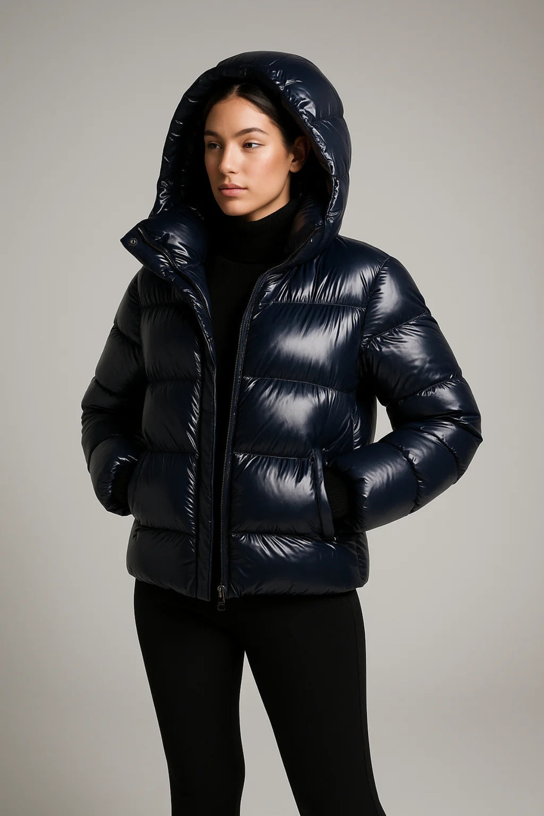 Shiny Hooded Puffer Jacket with Cropped Fit for Women